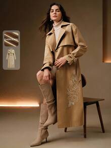 Anewsta 女士长款优雅腰部刺绣风衣，卡其色，秋冬 - 卡其色 - 查看 1