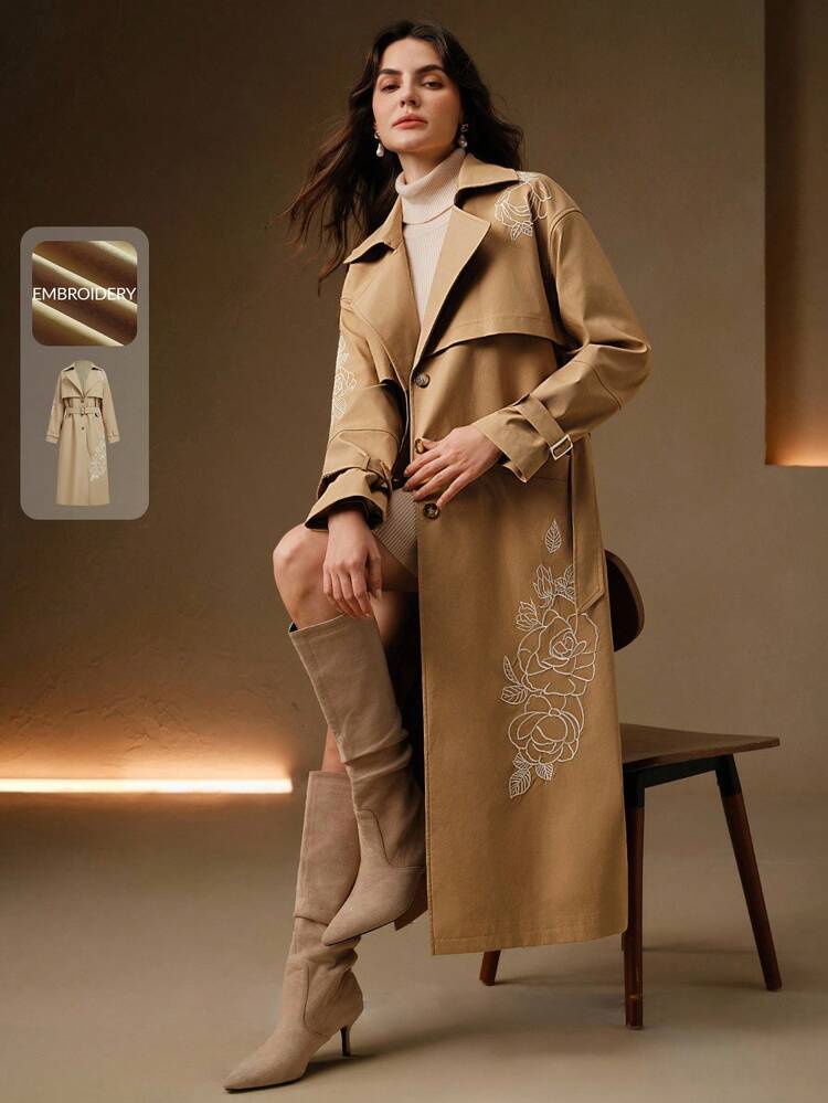 Women's Long Elegant Waist Embroidered Trench Coat, Khaki, Autumn/Winter