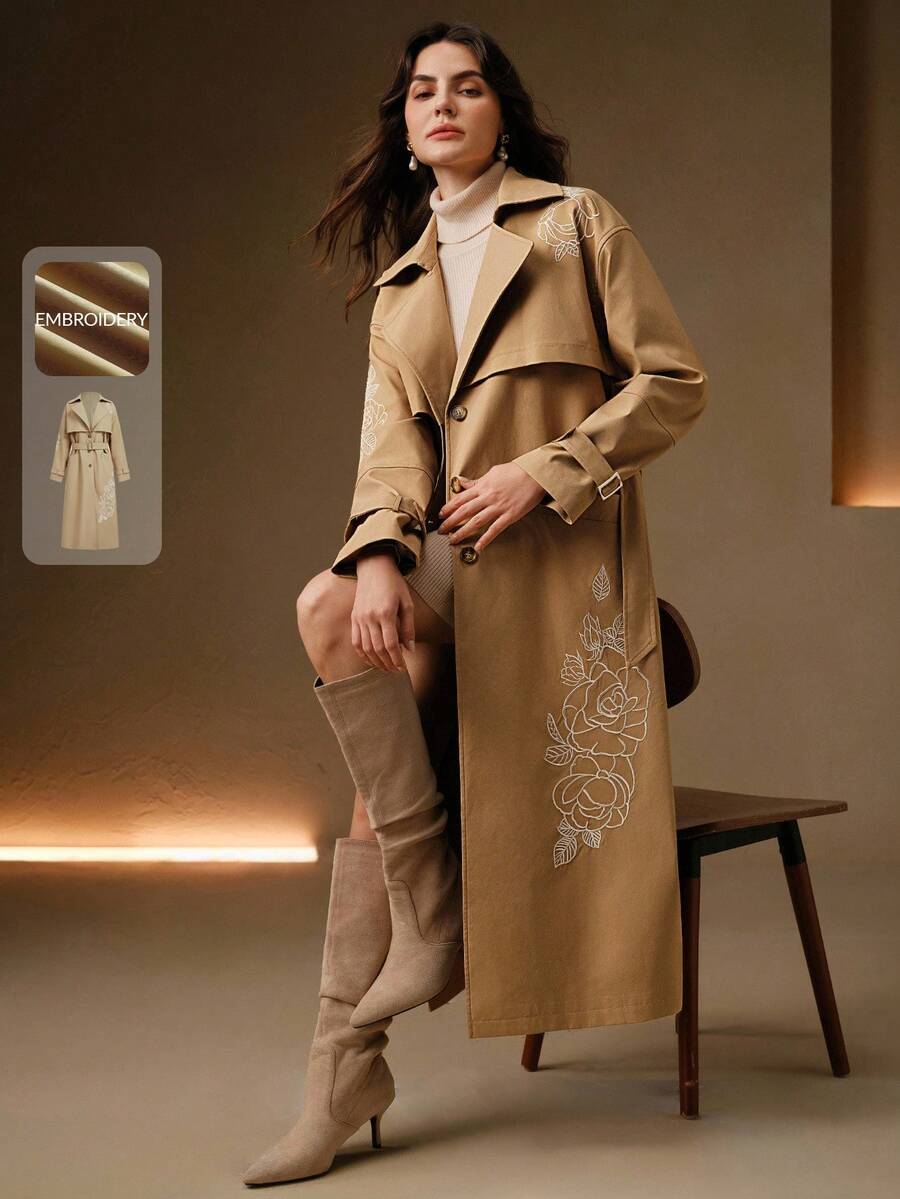 Anewsta 女士长款优雅腰部刺绣风衣，卡其色，秋冬 - 卡其色 - 查看 1