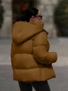 EURMUSE Hooded Zipper Detailed Contrast Rib Cuff Quilted Women's Casual Puffer Down Jacket - Brown - View 2