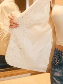 Poéselle Sequin Tweed Blazer With Dramatic Feather Cuffs – Luxe Party-Ready Suit Jacket, Feather Cuff Blazer, Sequin Tweed Jacket, White Statement Blazer, Holiday Party, Glam Power Suit, Old Money Aesthetic, Pearl Embellished Jacket, Festive Women's Blazer, Christmas , Women's Sequin Patchwork Faux Fur Trim Single-Breasted Blazer, Winter - Apricot - View 9