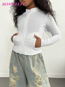 Girls' Fitted Cropped White Jacket, Casual Fall Winter - White - View 7