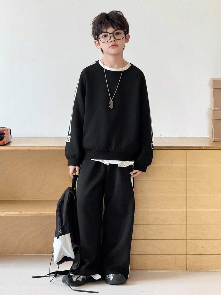 Kids Fall Clothes, Tween Boys Fleece Sweatshirt & Pants Sports Suit, Casual Loose Fit Colorblock Street Style Outfit, Autumn