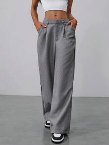 Aloruh Women's Winter & Fall Office Commuter Double Waistband Design Straight Loose Wide-Leg Super Long Maxi Low-Rise Suit Pants, Winter, Business Casual, Elegant,Wide Leg, - Dark Grey - View 3