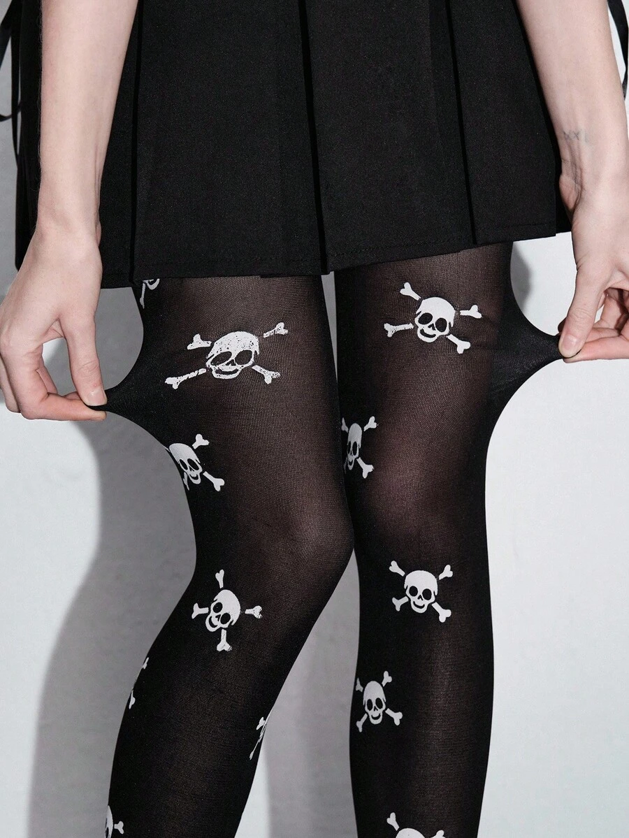 ROMWE Grunge Punk 1 Pair Dark Gothic Skull Print Tights/Pantyhose - Black - View 1