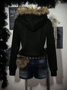 SHEIN EZwear Áo nỉ có mũ lót giữ nhiệt có khóa kéo dành cho nữ, cổ lông, thích hợp cho mùa thu/đông - màu đen - Xem 2