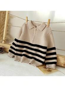 Loomiva 男婴条纹撞色长袖拉链套头衫 男婴套头衫 婴儿针织毛衣 条纹针织毛衣 男婴秋冬Polo衫 - 杏色 - 查看 5