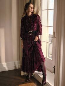 MOTF PREMIUM 花卉植绒褶皱连衣裙 - 酒紅色 - 查看 4