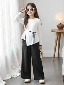 Camisa casual com gola redonda, manga longa, amarração na cintura e barra assimétrica para meninas pré-adolescentes - Branco - Visão 1