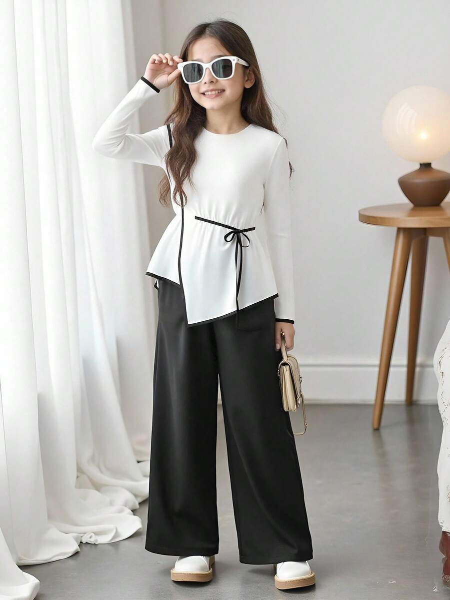 Camisa casual com gola redonda, manga longa, amarração na cintura e barra assimétrica para meninas pré-adolescentes - Branco - Visão 1