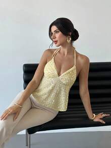 Firerie 女士优雅精致浪漫度假性感新款V领透明露背奶油黄色吊带背心上衣 - 黃色 - 查看 2