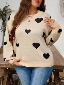 Modelyn Suéter holgado de manga larga con estampado de corazón para mujer de talla grande, uso casual de todos los días