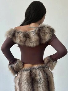 Firerie Elegante, romántico, lujoso, vintage, moda callejera, fiesta, urbano, chic, hombro oblicuo, cuello de piel sintética, manga ajustada, camiseta de manga larga con puños de piel sintética de corte ajustado para mujer, otoño/invierno