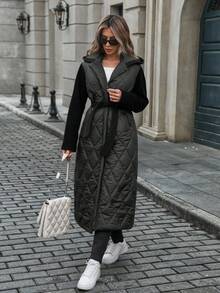EURMUSE Hoodie Quilted Padded Coat With Belt Details - Black - View 2