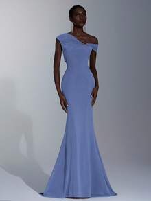 Elitara Elegant Cobalt Blue High Stretch Mesh Asymmetric Shoulder Metal Decor Fitted Mermaid Dress, Suitable For Dates, Outings, Weddings, Bridesmaid Events - Dusty Blue - View 8