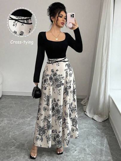 Elenzga Women's Vintage Elegant Color Block Square Neck Long Sleeve Dress Fall Cloth For Women