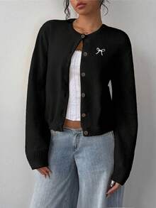SHEIN BASICS Áo len cardigan nữ họa tiết thêu nơ đen tối giản giản dị, sang trọng cho các buổi đi chơi mùa thu/đông, mùa thu, dành cho nữ - màu đen - Xem 8