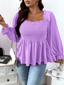 Celure Blusa con cuello cuadrado, mangas acampanadas y volante en la cintura, top con volante