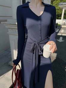 K-Vae Women's Solid Color Turndown Collar Long Sleeve Button Half Placket Waist Tie Casual Dress Navy Blue Dress Women - Navy Blue - View 1