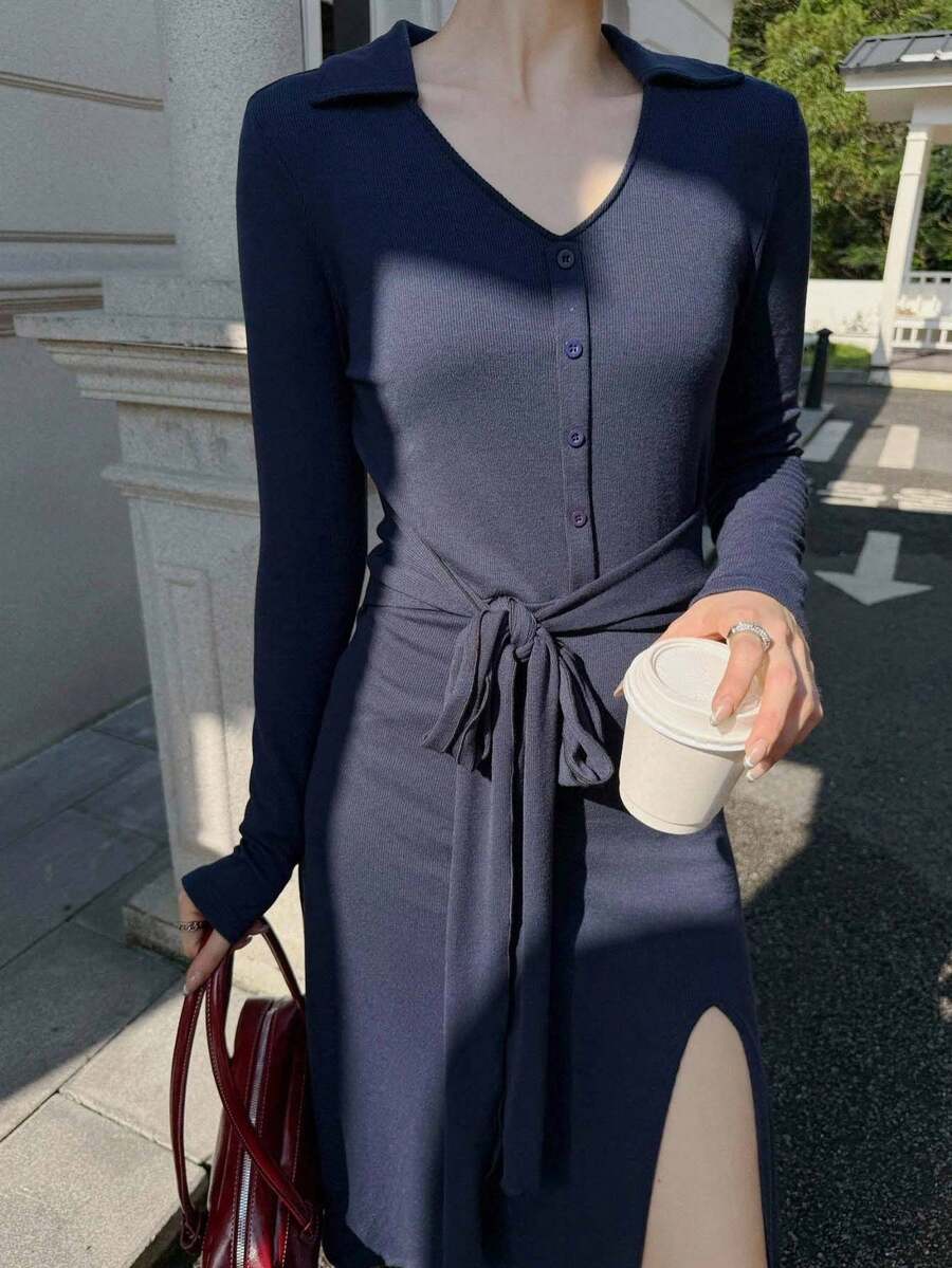 K-Vae Women's Solid Color Turndown Collar Long Sleeve Button Half Placket Waist Tie Casual Dress Navy Blue Dress Women - Navy Blue - View 1