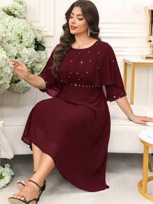 SHEIN Clasi Váy choàng đính đá trang trí thanh lịch cỡ lớn dành cho nữ, mùa hè - Màu Đỏ Sâu - Xem 7