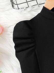 Emery Rose Kids Emery Rose Kids Young Girl Fitted Vintage Gigot Sleeve Mock Neck T-Shirt, Sport Style ,Great For Casual & Daily Wear & School Daily In Autumn & Winter, Cool Street Style, Daily Wear, School Daily , Halloween, Y2k , Casual & Cute, Sisters, Mom And Daughter Matching, Black - Black - View 7