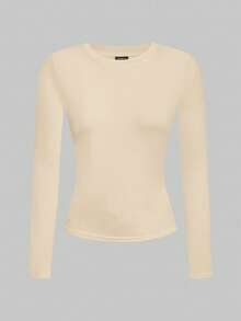 SHEIN EZwear 2pcs Women Crew Neck Casual Fitted Long Sleeve T-Shirt Set, Dark Brown & Light Beige, Suitable For Autumn/Winter - Multicolor - View 3