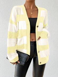 EMERY ROSE Autumn/Winter New Design Striped Faux Mink Fleece Cardigan Sweater For Women - Light Yellow - View 4