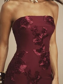 Silquee 3D 花卉性感紧身吊带连衣裙 - 酒紅色 - 查看 6