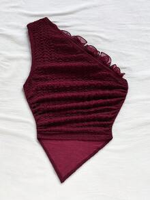 Soleia Romantic Floral Trim Fitted One Shoulder Blouse, Suitable For Vacation, Music Festival, Bohemian, Holiday Date, Afternoon Tea Burgundy - Burgundy - View 2