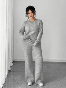 Elenzga Women's Simple Stylish Long Sleeve Button Long Pants Sweater Set, Plus Size Outfits For Autumn/Winter