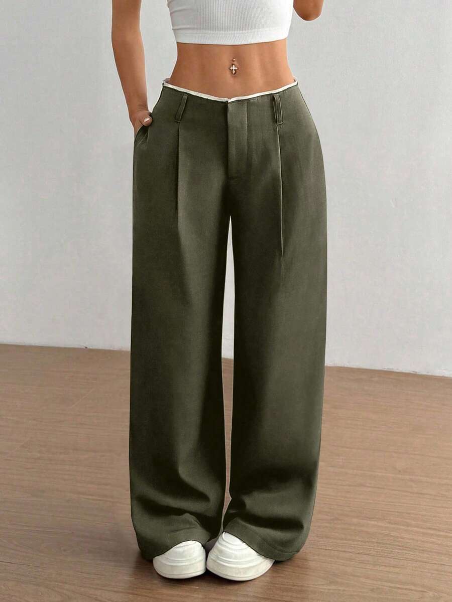 SHEIN Unity Versatile Commuting & Business Women's High-Waisted Patchwork Design Super Slimming Straight Leg Olive Green Wide Leg Pants - Army Green - View 1