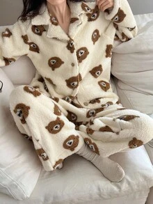 DAZY Women's Bear Pattern Plush Loose Pajama Set, Winter, Fall Clothes Thermal Lined, Fluffy, Cozy - Apricot - View 7