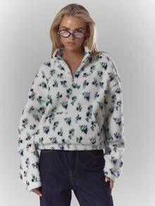 MUSERA Áo khoác nỉ dài tay in hoa, khóa kéo nửa thân, ấm áp, dễ thương, phong cách thường ngày, thích hợp cho quán cà phê hoặc câu lạc bộ mùa đông. - Nhiều màu - Xem 2