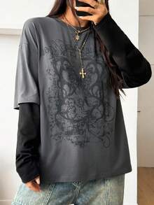 Coolane 女式冬季/秋季街头休闲嬉皮学院风垃圾摇滚朋克哥特棉质图案超大长袖 T 恤 - 深灰色 - 查看 5