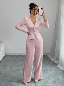 Elenzga 女士优雅长袖西装外套和裤子套装，商务/通勤风格，适合夏季、独立日、毕业典礼、返校 - 粉色 - 查看 5