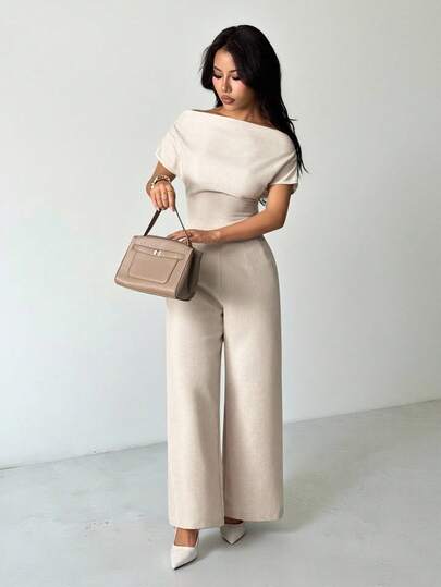 SHEIN PETITE Conjunto de blusa de hombros descubiertos y pantalones de pierna ancha de lino, de estilo simple y elegante para uso diario y casual, nueva llegada de verano para mujer