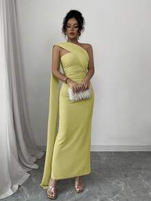 Elenzga 女装新款杏色欧美时尚优雅宴会轻熟高级感斜肩披肩性感抹胸百褶收腰提臀修身后开叉性感闪亮丝光闪针织弹力优雅舒适约会宴会情人节长连衣裙 - 黃色 - 查看 6