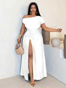 Maweii Plus Size Women's Asymmetric Neck Split Twist Dress - White - View 1