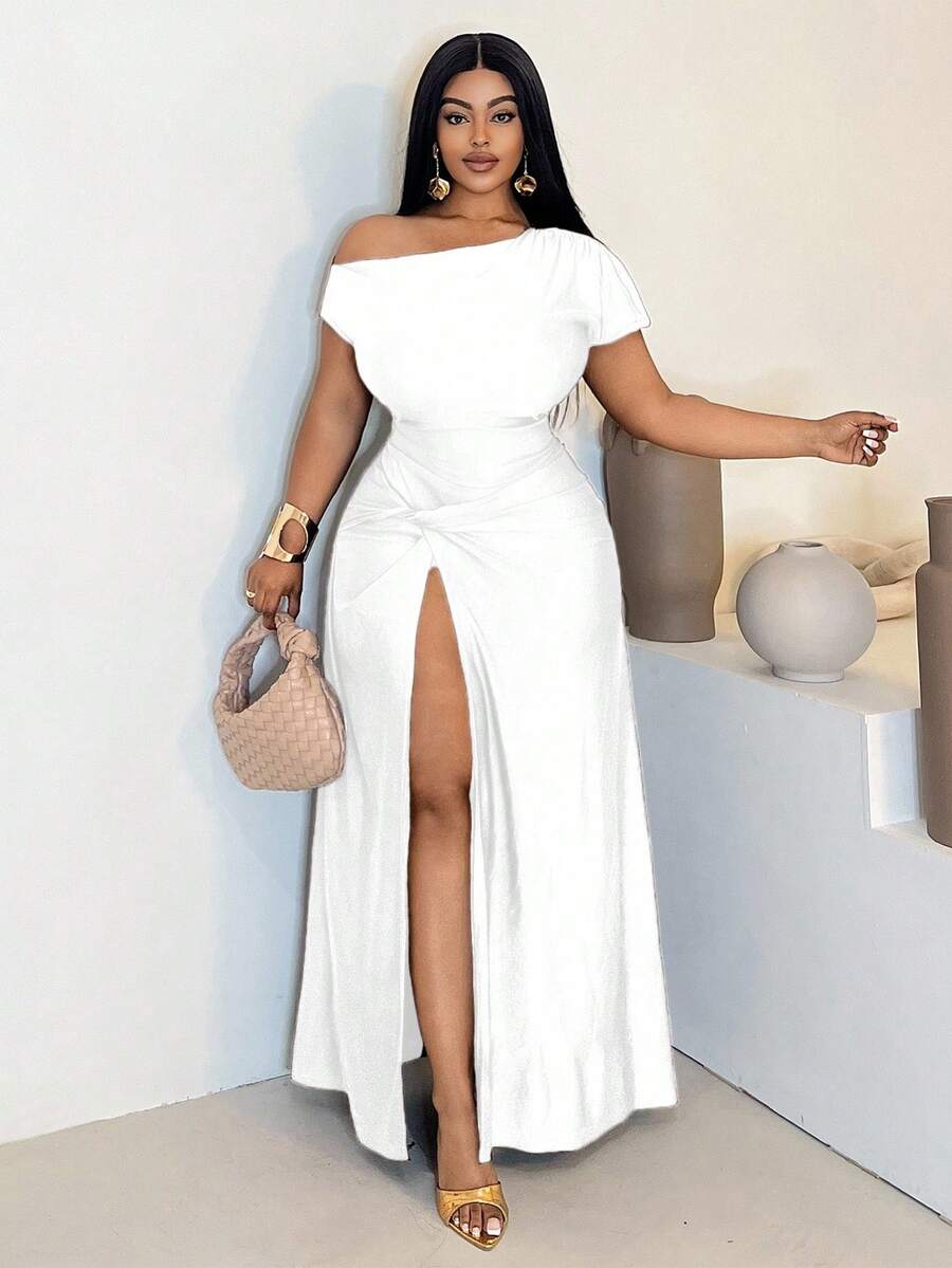 Maweii Plus Size Women's Asymmetric Neck Split Twist Dress - White - View 1