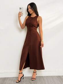SHEIN PETITE Elegant Solid Color Front Button Sleeveless Dress, Summer,Thanksgiving Outfit For Women,Brown Skirt,Luxury Evening Dress For Women,Elegant Dresses For Ladies