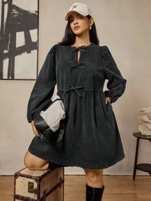 Zelara Vestido casual de talla grande para mujer con bolsillo, mangas de linterna y decoración de lazo en unicolor - Negro - Ver 5