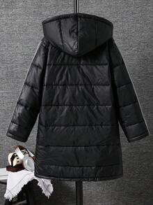 SHEIN Kids/Tween Boys Casual Black Winter Parka Coat,Hooded Mid-Length Thick Woven Padded Jacket With Patch & Tape,Warm Long Puffer Coat For School & Travel - Black - View 2