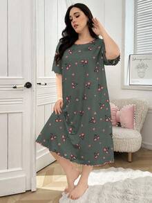 Plus Size Cherry Print Round Neck Short Sleeve Nightgown, Summer, Moo Moo Sleep Dress - Multicolor - View 6