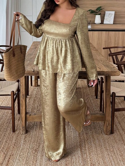 Weeklong Christmas 2pcs Plus Size Women Set, Long Sleeve Square Neck Top And Wide Leg Pants