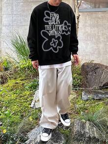 DAZY Men's Floral Print Thermal Lined Pullover Sweatshirt, Autumn/Winter - Black - View 1
