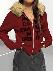 StreetHx 女式灰色保暖内衬黑色涂鸦字母印花渐变色毛领修身短款连帽卫衣，秋冬 - 酒紅色 - 查看 3