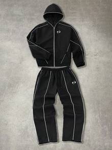 Manfinity Roghcode 男士休闲刺绣拉链连帽衫和裤子套装黑色两件套男士运动服男士慢跑套装慢跑服 Y2k 运动服男士万圣节派对，2000 年代风格，秋季服装 - 黑色 - 查看 1