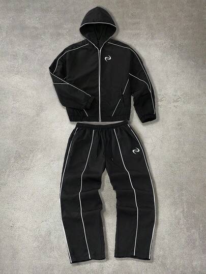 STYNVO 男士休闲刺绣拉链连帽衫和裤子套装黑色两件套男士运动服男士慢跑套装慢跑服 Y2k 运动服男士万圣节派对，2000 年代风格，秋季服装