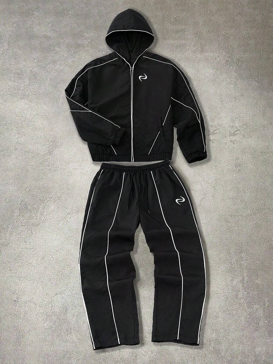 Manfinity Roghcode 男士休闲刺绣拉链连帽衫和裤子套装黑色两件套男士运动服男士慢跑套装慢跑服 Y2k 运动服男士万圣节派对,2000 年代风格,秋季服装 - 黑色 - 查看 1